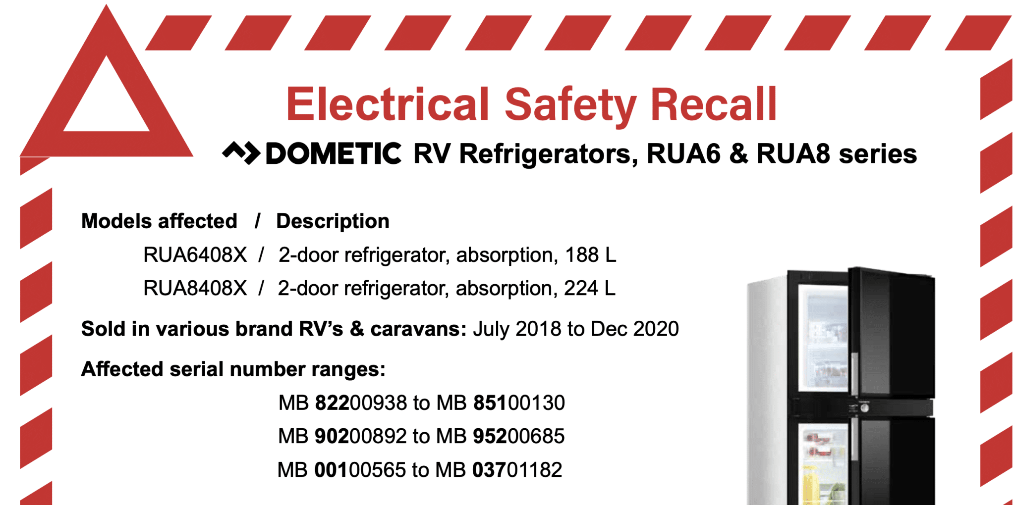 Dometic Recall 2 Door Absorption 3 way Refrigerator RV Daily