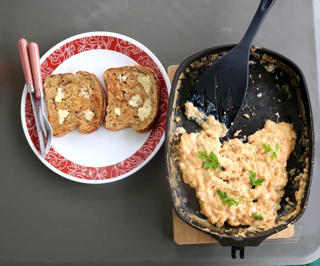 Eggs and buttered toast for breakfast.