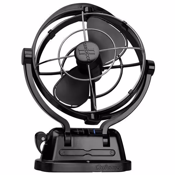 12V caravan fans: Close up of a black Sirocco II fan showing the gimbal mount