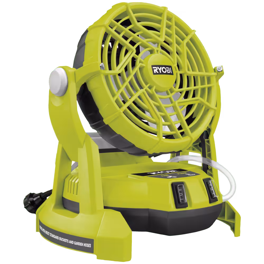 12V caravan fans: Ryobi One+ misting fan sitting on top of a bucket