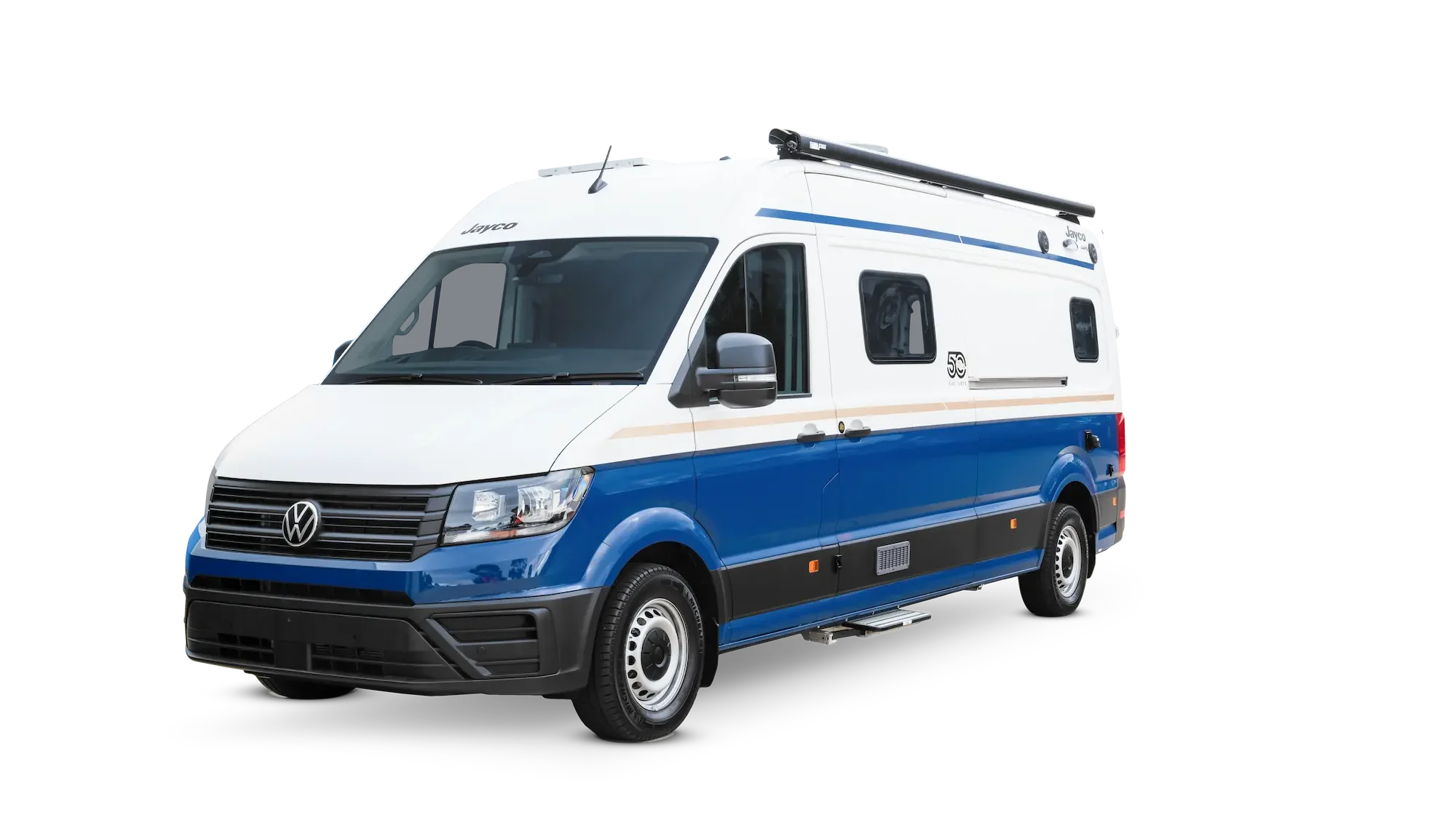Front profile of the Jayco JRV‑X campervan with its retro blue and white livery