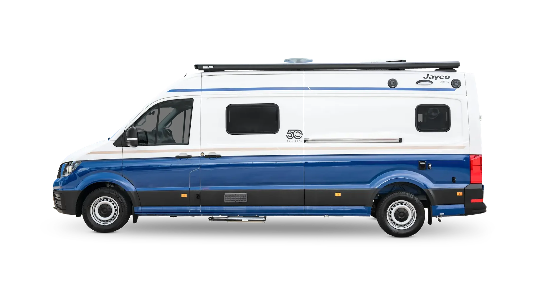 Side profile of the Jayco JRV‑X campervan with its retro blue and white livery
