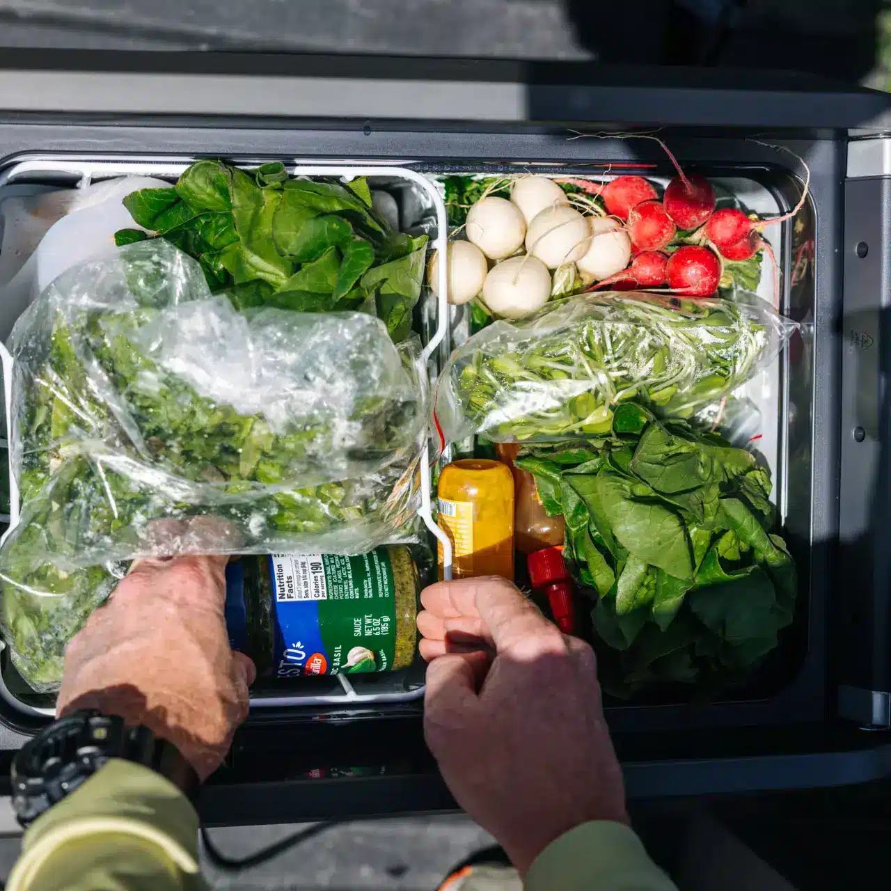 dometic cfx3 portable fridge in caravan with fresh produce