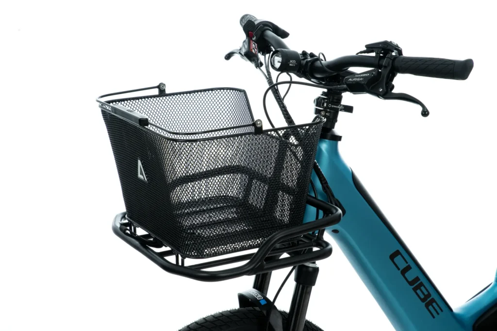 Cube Kathmandu Hybrid with basket and rack loaded
