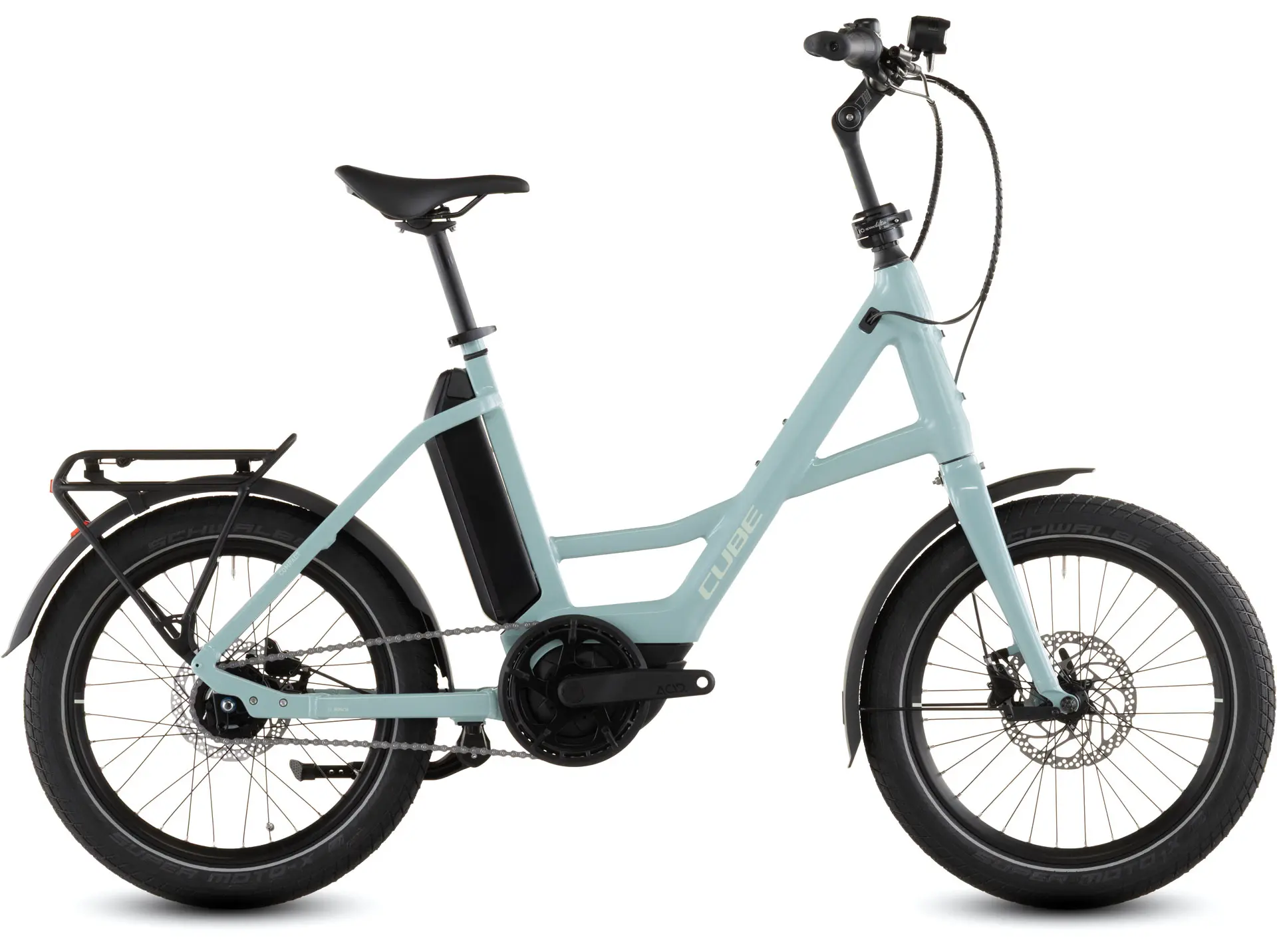 Cube Compact Hybrid e-bike folded down next to a caravan tunnel boot - one of the best e-bikes for caravans