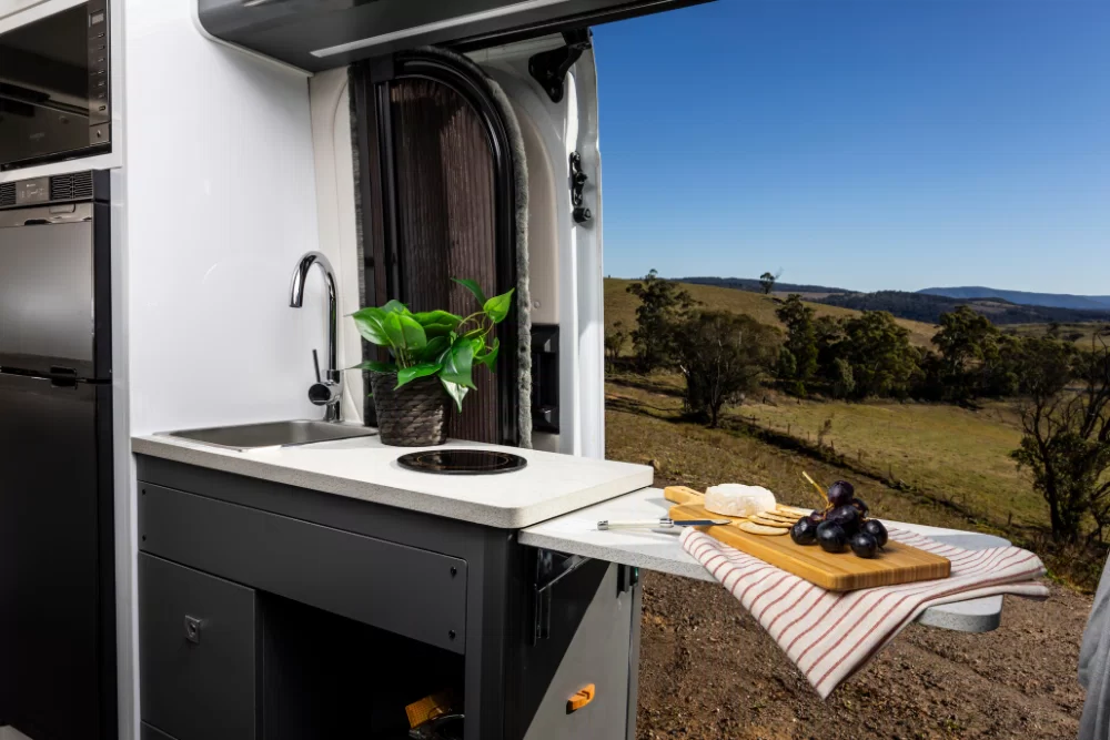 LDV Deliver 9 Campervan interior showing the kitchen sink and cooking area