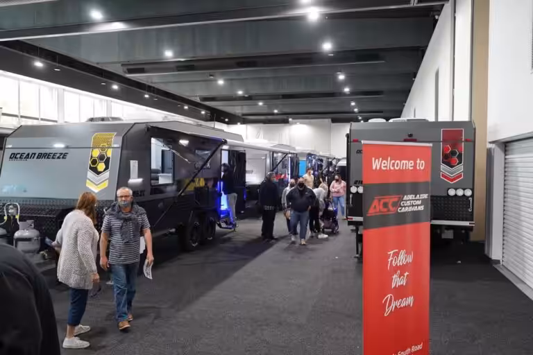 Caravans on display at the entrance to the Adelaide 4WD and Adventure Show