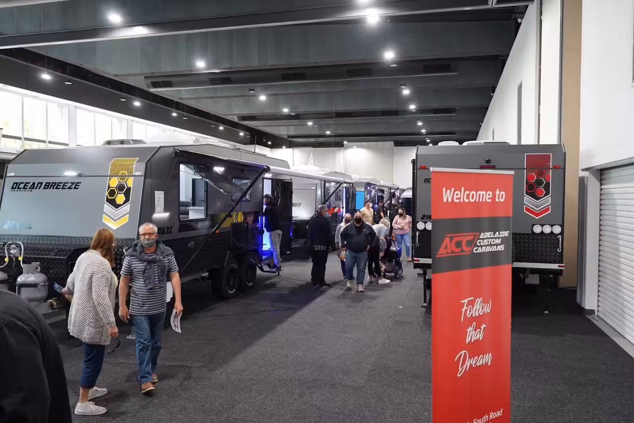 Caravans on display at the entrance to the Adelaide 4WD and Adventure Show
