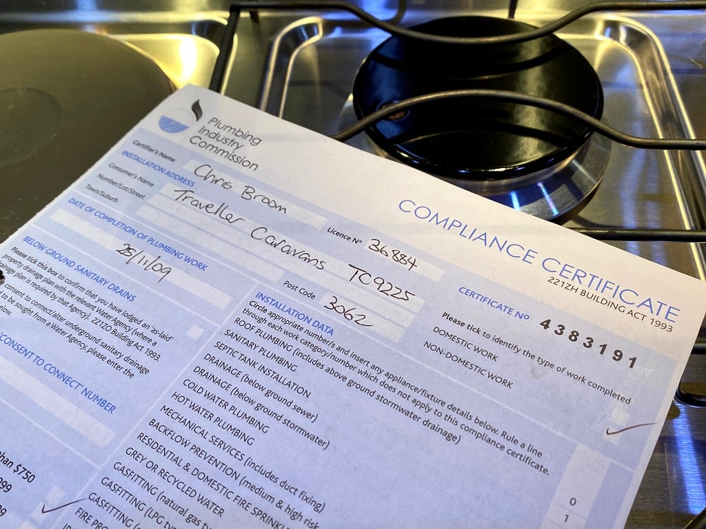 LPG, RV Certificate of gas compliance 