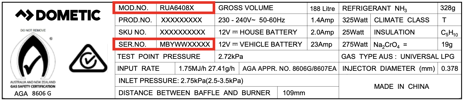 Dometic fridge product label 