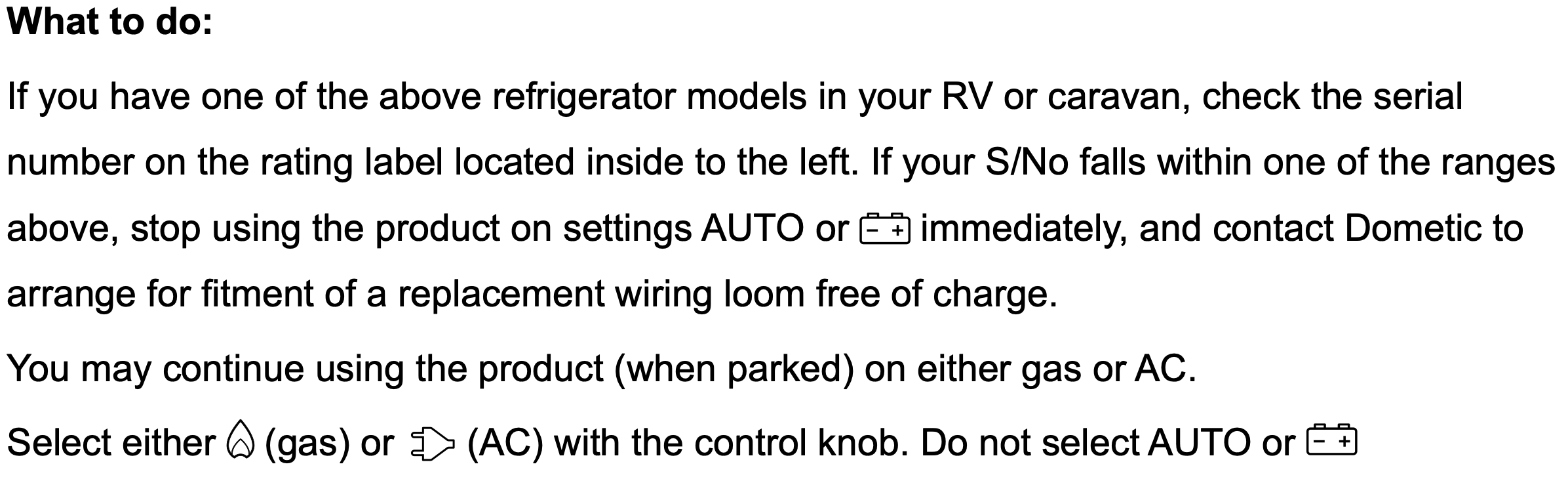 Dometic fridge recall advice